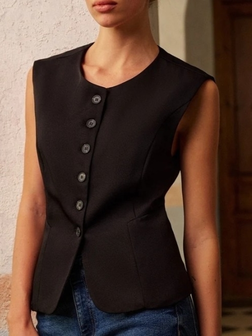 NWT Commense Sleeveless Black 6 Button-Front Tailored Top Vest Sz M